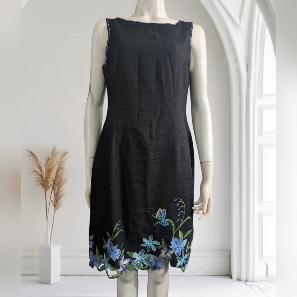 Talbots Vintage 100%  Linen Sheath Dress Embroidered Floral Beaded Classic 14